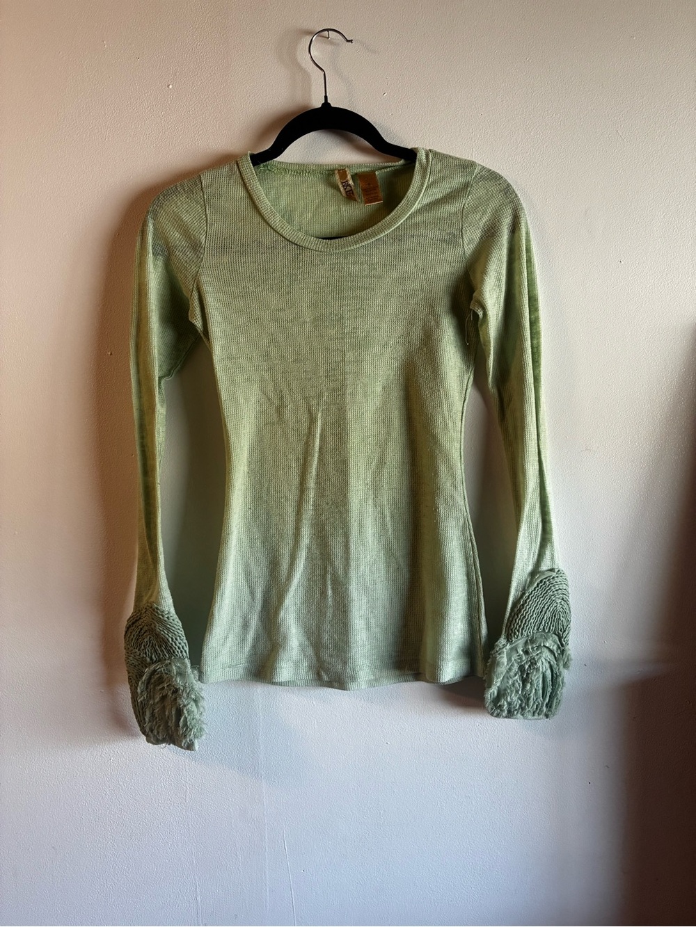 BKE Mint Long Sleeve Knit Top with Fringe Cuffs